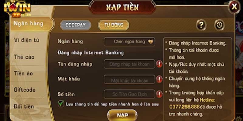 Các phương thức nạp tiền có tại iWin