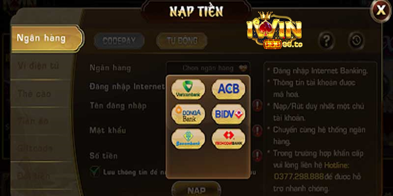 Nạp tiền qua ngân hàng